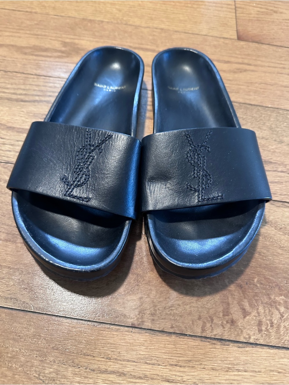 Saint Laurent Black Leather Slide Sandals with Embroidered YSL